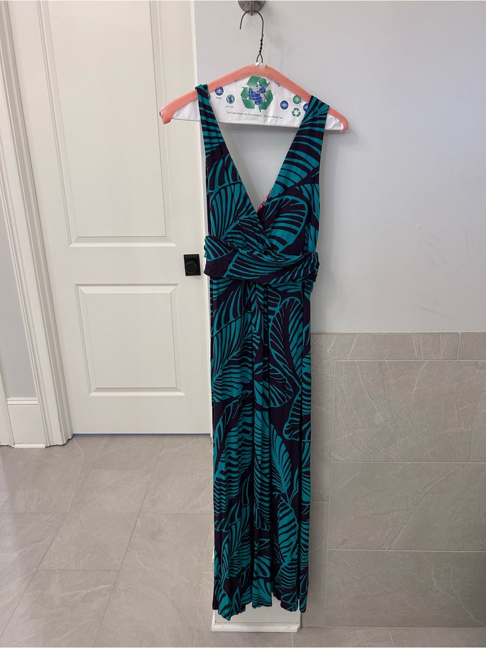 Boden Sleeveless Teal Leaf Print Maxi Dress